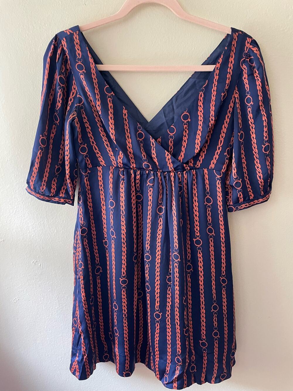 Shoshanna 100% Silk Mini Dress Navy Blue & Orange Chain Print